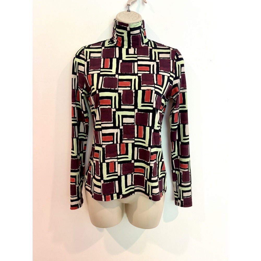 St John Turtleneck Top Sz S Nylon Geometric Print Long Sleeve Mod Retro Stretch